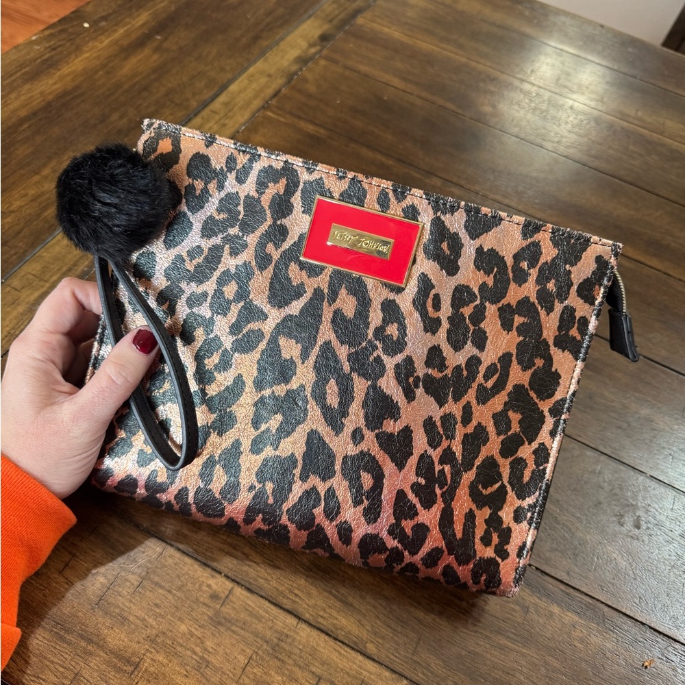 Betsey Johnson Leopard Print Metallic Clutch with Black Pom-Pom